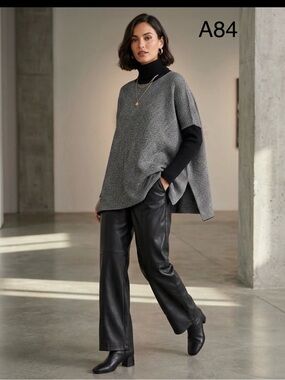 Joseph A Gray Knit Poncho Sweater with Black Turtleneck Layering, Size XL